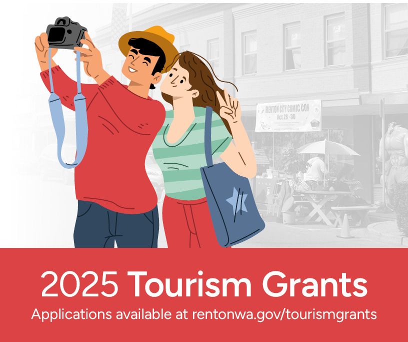 This Week in Renton header image graphic of tourists with text promoting 2025 Tourism Grant Application
