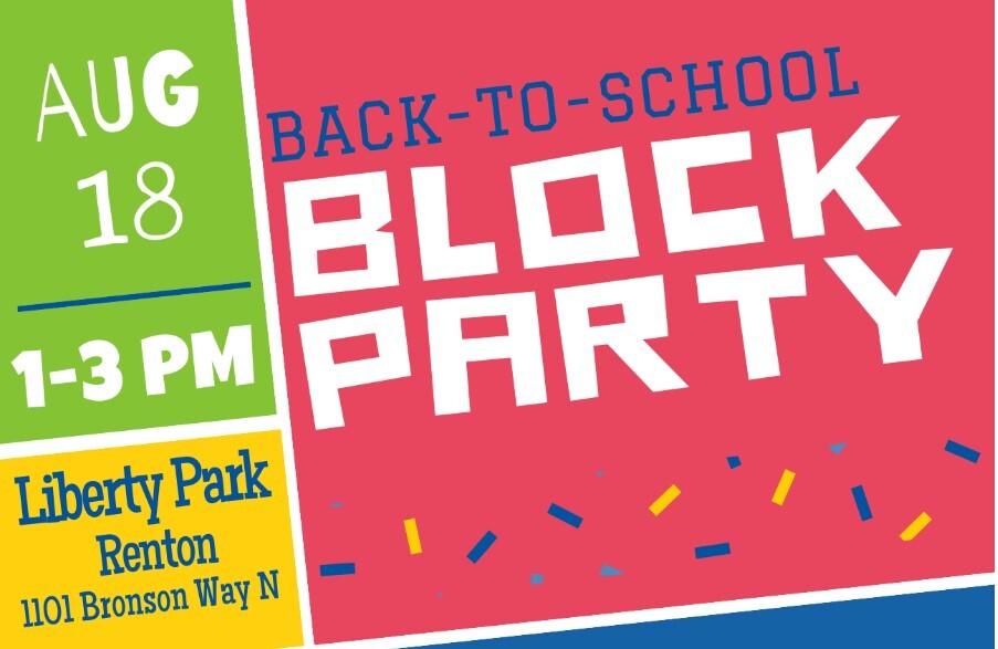 Colorful graphic for a Back to School event on Aug 18 from 1-3 p.m. at Liberty Park.