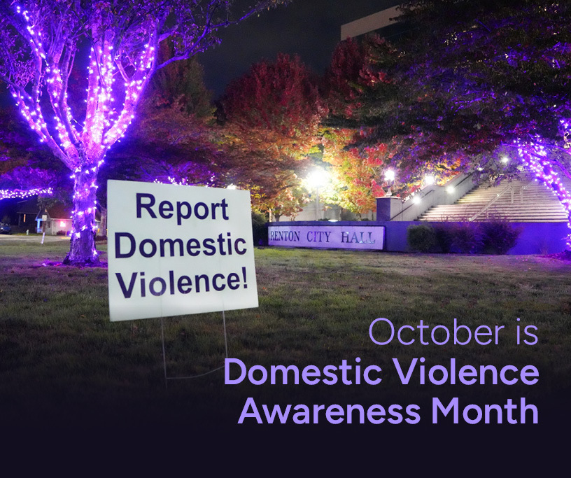 Domestic Violence Awareness Month graphic of purple lights outside of Renton City Hall
