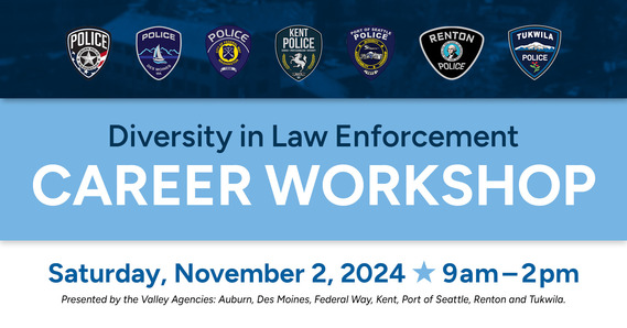Diversity in Law Enforcement Career Workshop graphic with various police department logos. November 2, 2024.