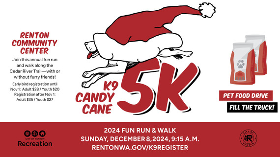 K9 Candy Cane 5K graphic with event information. The event takes place December 8 at Renton Community Center