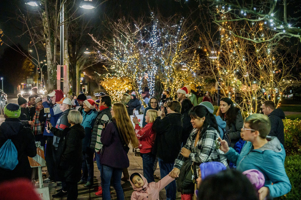 A crowd gathered around during the holiday months. Trees strung with lights in the background.
