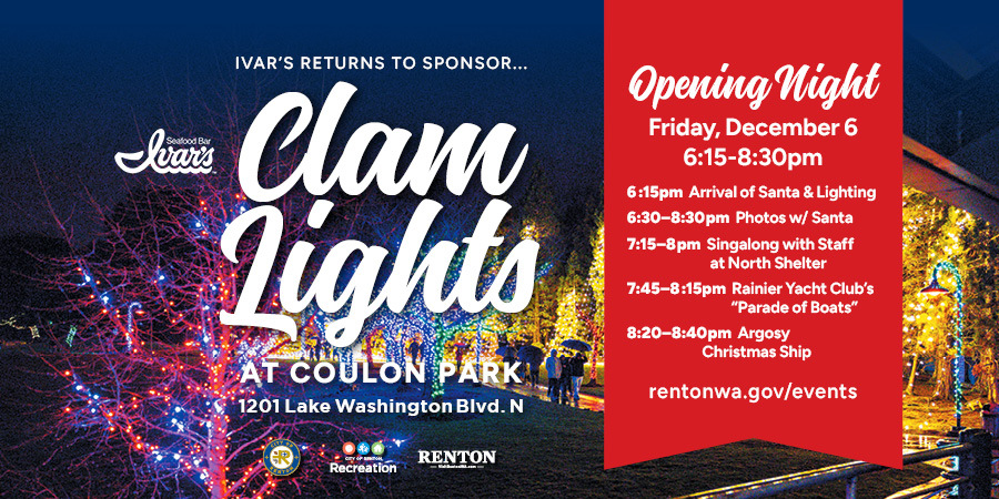 Clam Lights schedule for Opening Night on Friday, December 6