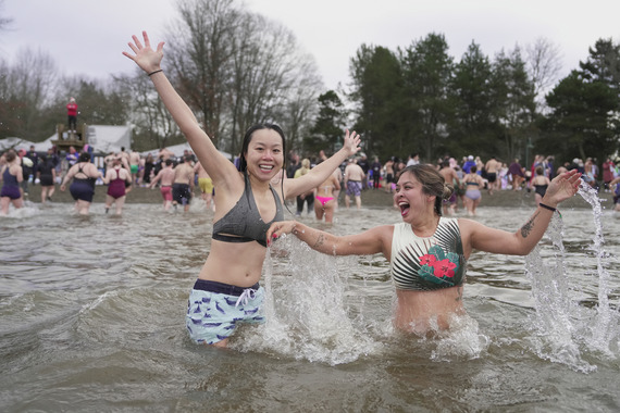 Making a splash at the 2025 Polar Bear Dip at Gene Coulon Memorial Beach Park