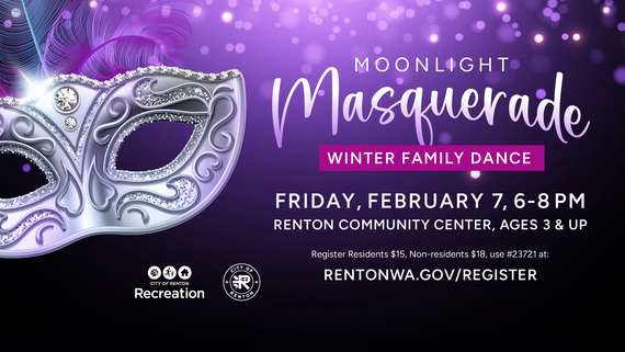 Graphic for Moonlight Masquerade Winter Family Dance, Friday, February 7 from 6-8p.m. at Renton Community Center