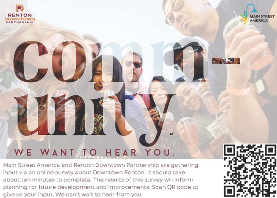 Community Survey Flyer by Renton Downtown Partnership with a QR Code. Large text says community.