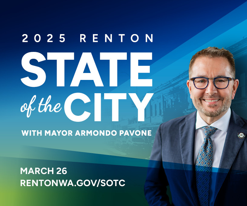 This Week in Renton header graphic announcing State of the City with Mayor Armondo Pavone