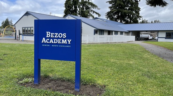 Bezos Academy signage and facility in the distance on the Renton Highlands