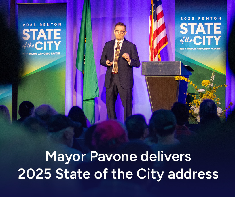 This Week in Renton header graphic for March 28 saying Mayor Pavone delievers 2025 State of the City address