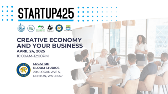 Startup425 event graphic for Thursday, April 24 from 10-2pm at Bloom Studio