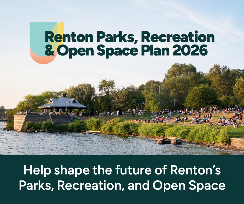 This Week in Renton graphic showing Gene Coulon Memorial Beach Park and the Renton parks, Recreation, and Open Space Plan 2025 text