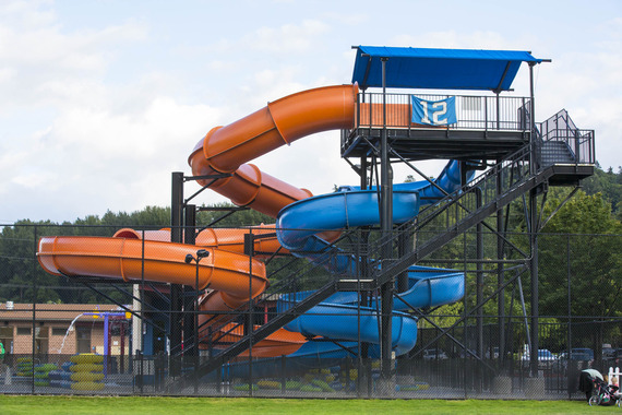View of the orange and blue Henry Moses Aquatic Center