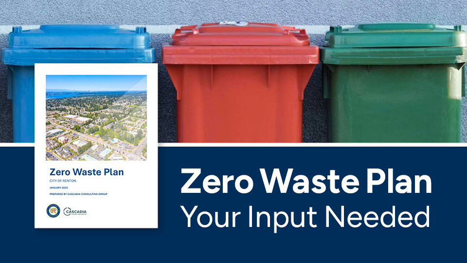 Zero Waste Plan graphic showing three colored waste bins and the text Zero Waste Plan with a graphic of the actual plan document