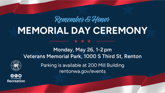 Memorial Day graphic with a United States flag background for Monday, May 26.