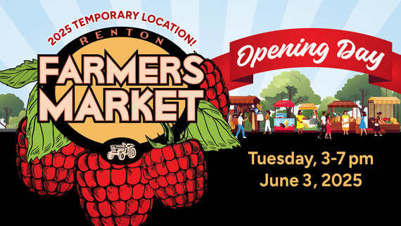Renton Farmers Market event graphic with three raspberries. The event runs every Tuesday from June 3 through Sept 30