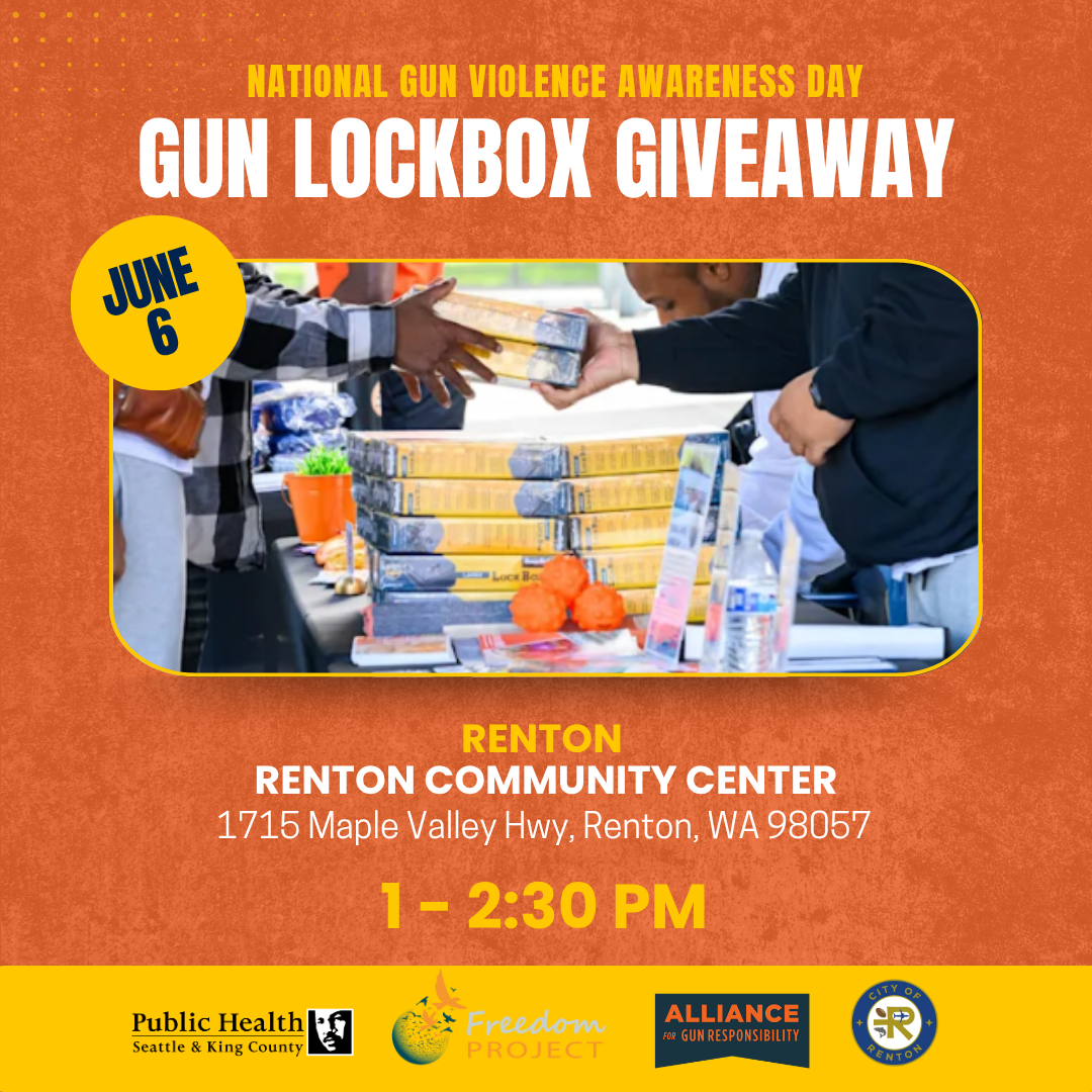 Orange and yellow Gun Lockbox Giveaway graphic for June 6 at Renton Community Center