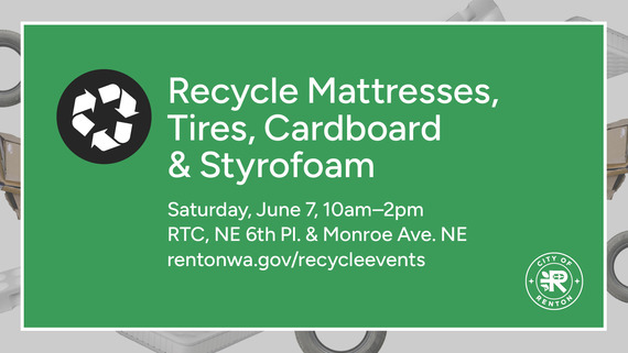 June 7 recycling event graphic for matteresses, tires, cardboard, Styrofoam at Renton Technical College