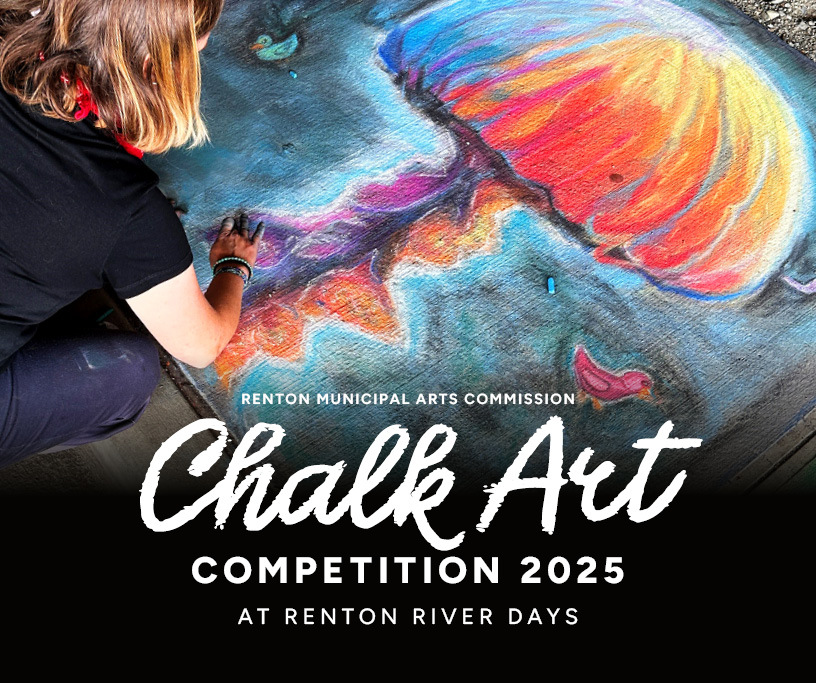 This Week in Renton headers graphic for June 12, 2025 showing Chalk art highlighting RMAC's Chalk Art Competition