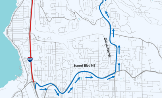 A section of WSDOT's I-405 Closure  and DETOUR map