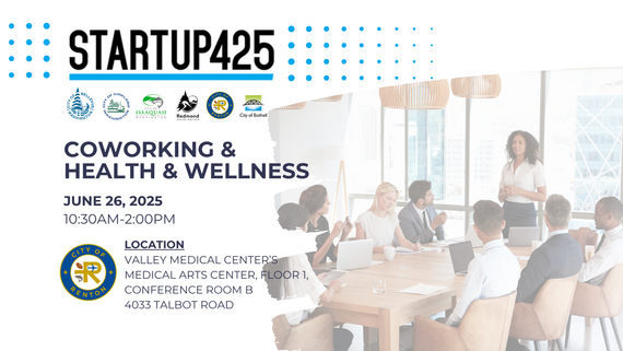 Startup425 event graphic on June 26 for Coworking & Health & Wellness