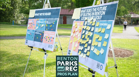 Skatepark PROS plan stickynote board with community feedback with PROS Plan logo