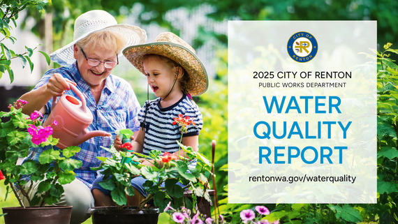 Water Quality Report is ready for City of Renton 2025. Image shows an elderly women watering plants next to a young child