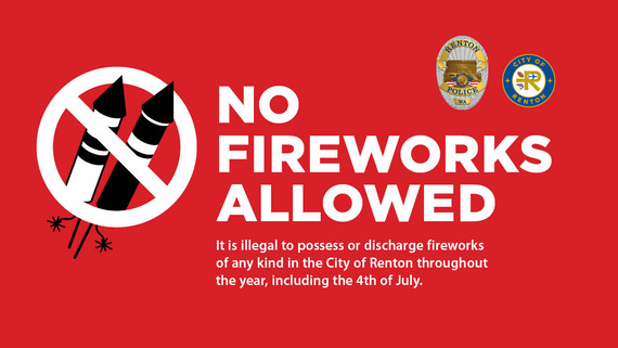 No Fireworks graphic with Red background and white text. Shows City of Renton and RPD logos