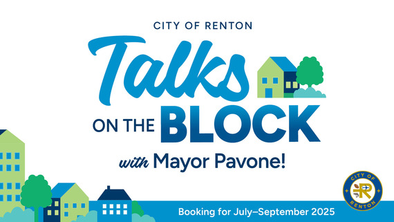 Talks on the Block with Mayor Pavone 2025 graphic showing green and blue colors. Homes and trees visible in the design.