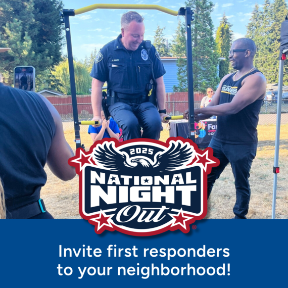This Week in Renton header graphic showing an officer at a neighborhood gathering during National Night Out