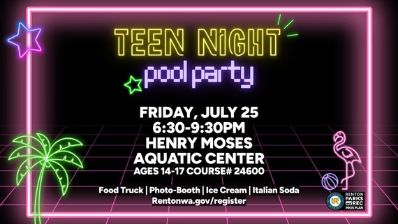 Teen Pool Night graphic with a neon colored theme