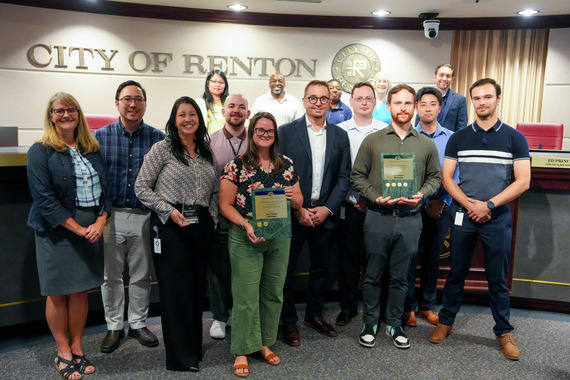 Finance Awards presented at a City Council Meeting with Mayor Armondo Pavone, Renton City Council, and Finance team