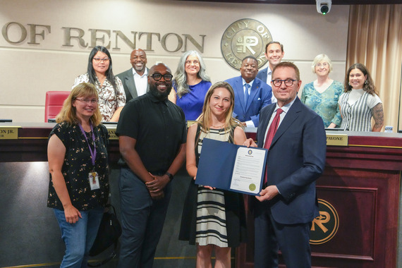 Disability Pride Month Proclamation with Mayor Armondo Pavone, Renton City Council, and Kindering staff and family of alumnus