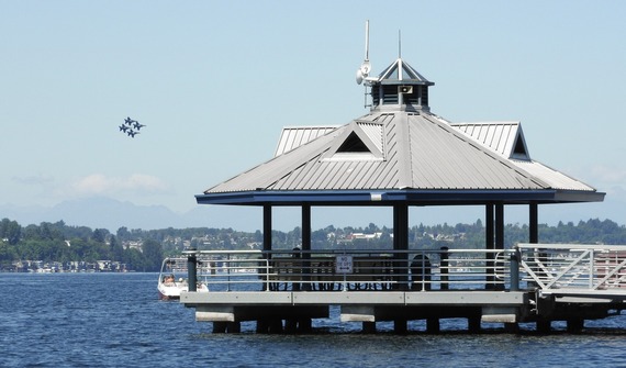 Four Blue Angel jets flying over Lake Washington. Photo taken from Coulon Park
