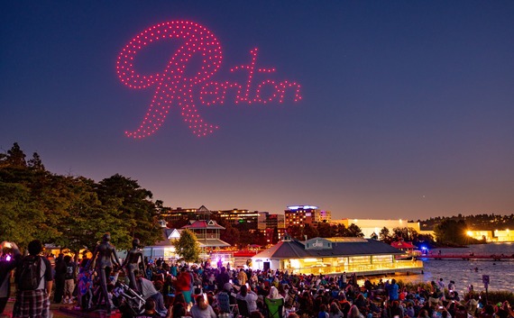Renton River Days drone shot of drones spelling out the word Renton in the sky above Coulon Park