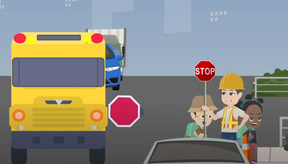 School Bus STOP Sign screenshot from the back-to-school safety animated video