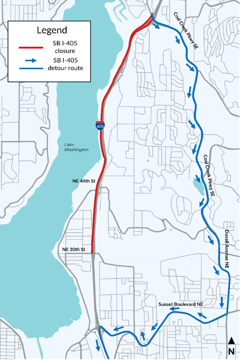 WSDOT map of SB I405 closure of Coal Creek to Duvall detour for Sept 12-15