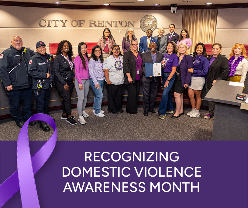 Domestic Violence Awareness Month This Week in Renton Cover showing a group photo at Renton City Council meeting accepting a proclamation