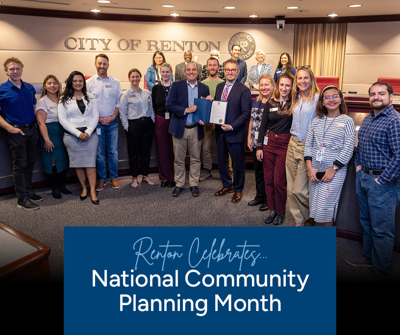 This Week in Renton cover image showing CED's Planning Division accepting a proclamation at Renton City Council meeting from the mayor
