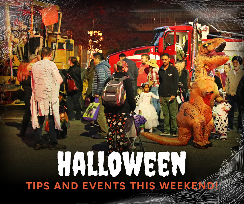 This Week in Renton graphic showing Halloween events and a crowd of people. Text says Halloween in a stylish font 