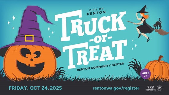 Truck or Treat graphic with pumpkins and Halloween decorations for the October 25