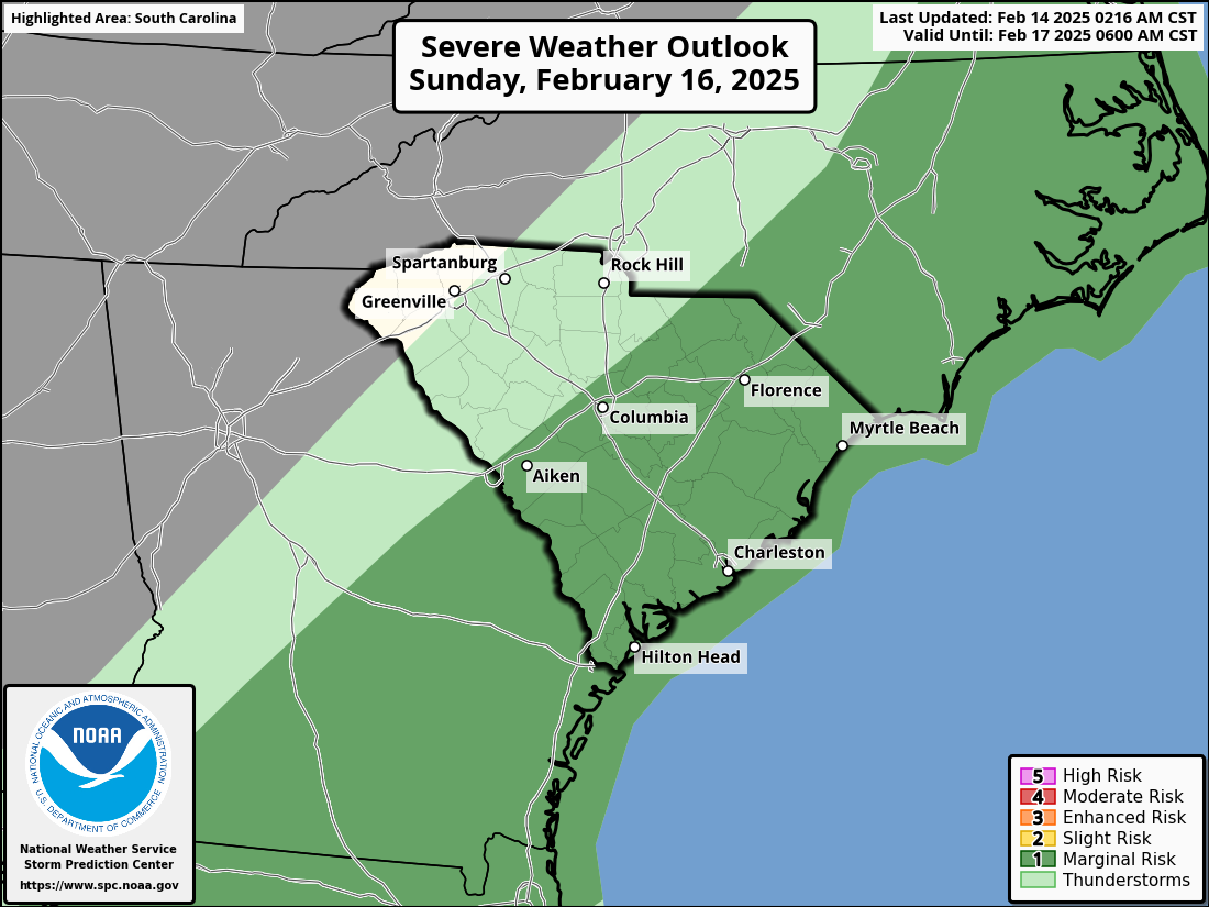 SPC's Day 3 outlook for Sunday has most of the state covered by a level 1 of 5 'Marginal' risk area.