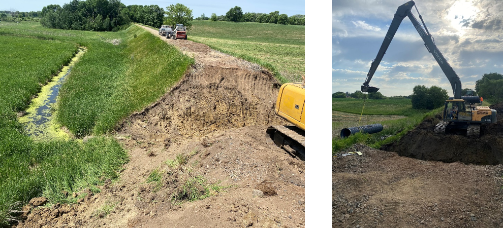 Crew replacing culvert in a hole made in a trail