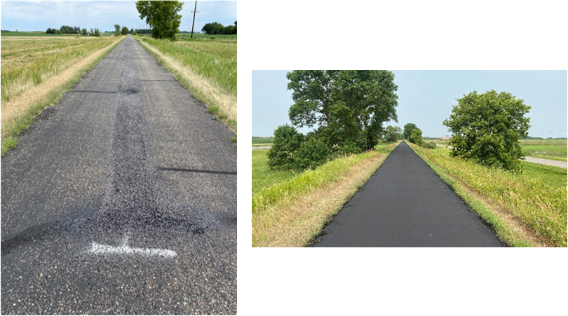 collage photo of trail with air patching and with seal coating