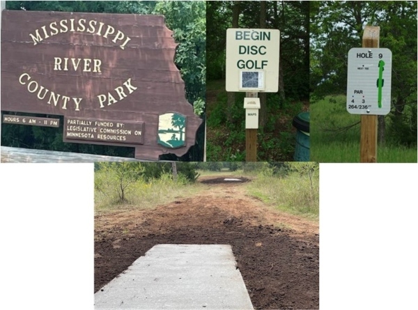 collage of entrance sign, sign post marking beginning of disc golf course, and a cement pad used for a tee pad