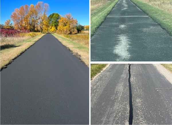 three photos of a paved trail, one with new seal coating, one with air patching, and one with crack filling