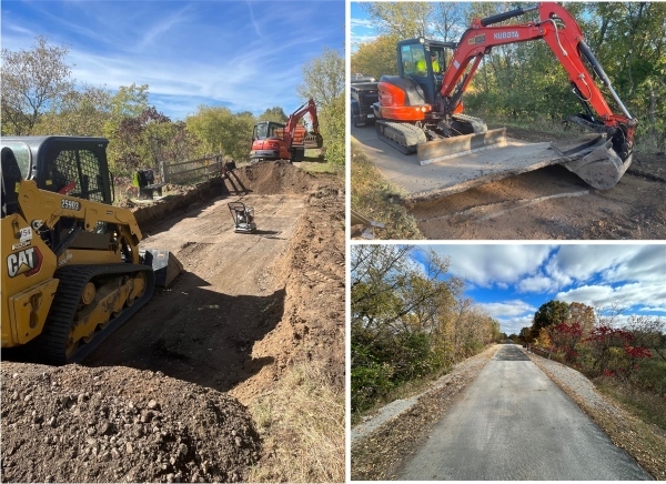 construction equipment digging up a paved trail to make repairs and then a finished view