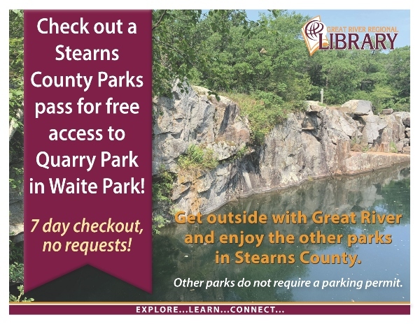 water filled quarry in background of flyer advertising a library pass