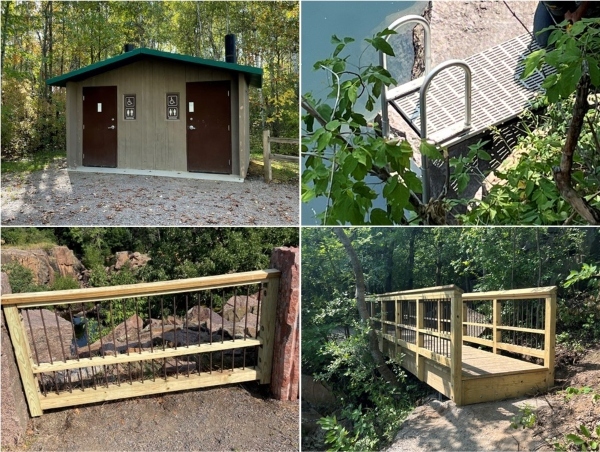collage photo of restroom ladder overlook fence and boardwalk