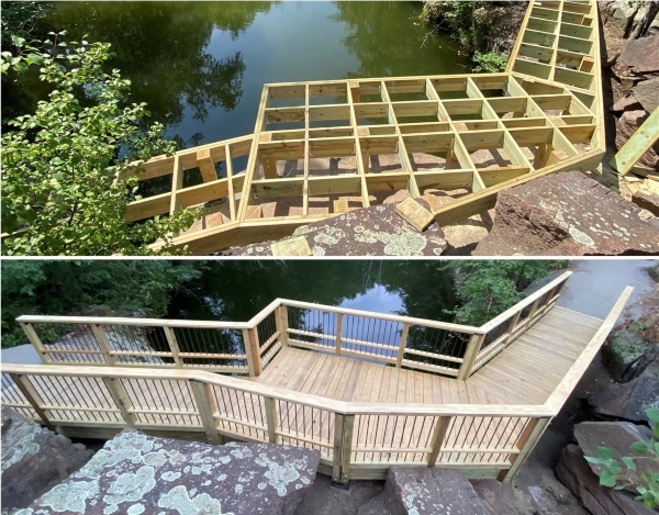 collage of two photos of bridge under construction and then completed