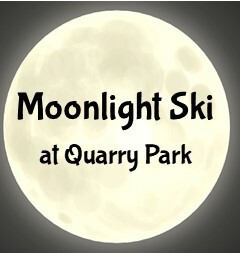 Full moon with text Moonlight Ski at Quarry Park